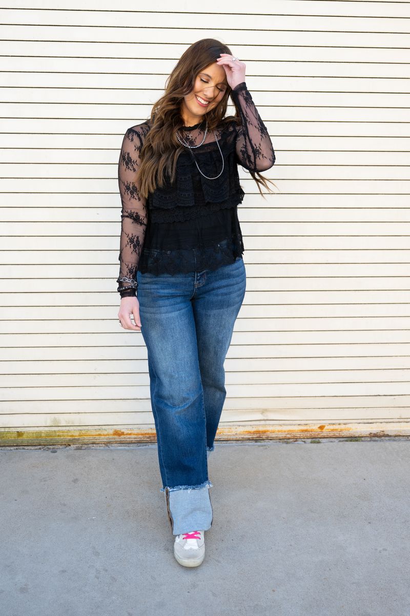 Heather Welper Collection Black Tiered Lace Long Sleeve Top