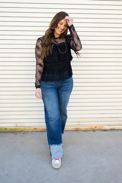 Heather Welper Collection Black Tiered Lace Long Sleeve Top