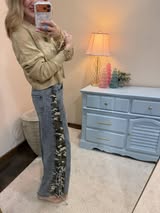 Camouflage Print Side Bow Tied Washed Denim Pants