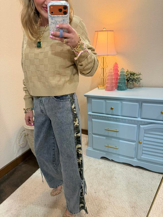 Camouflage Print Side Bow Tied Washed Denim Pants