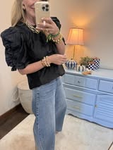 Black Ruched Half Sleeve Floral Textured Top