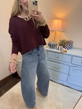 Dark Cherry Wide Neck Relaxed Fit Knit Sweater