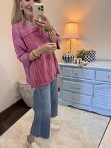 Raspberry 3/4 Sleeve Mineral Washed Over-sized Top