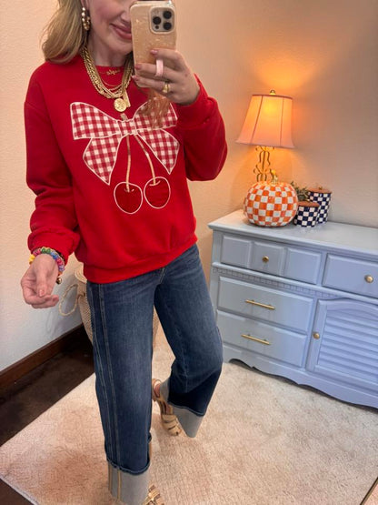 Red Long Sleeve Gingham Bow Cherry Knit Top