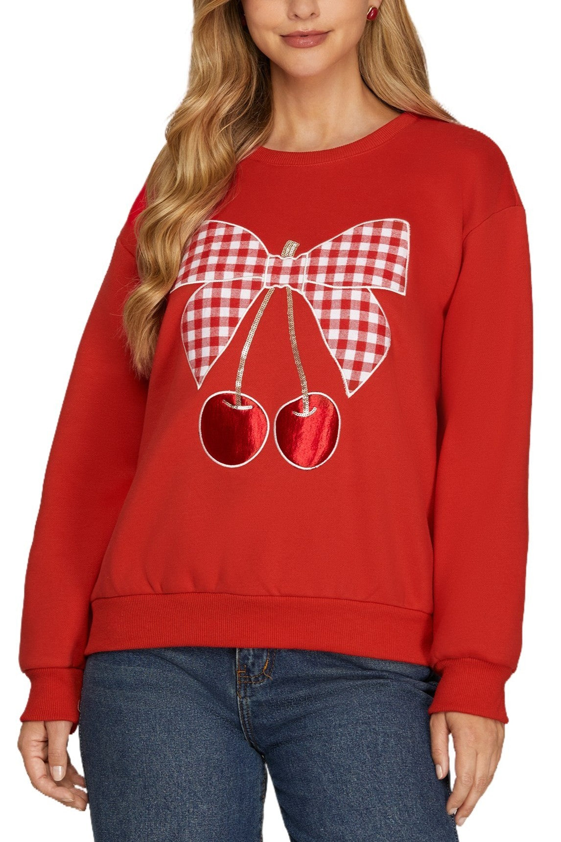 Red Long Sleeve Gingham Bow Cherry Knit Top