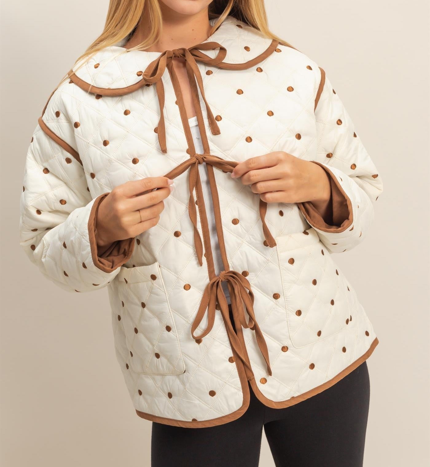 Cream/Brown Polkadot Quilted Front Tie Jacket