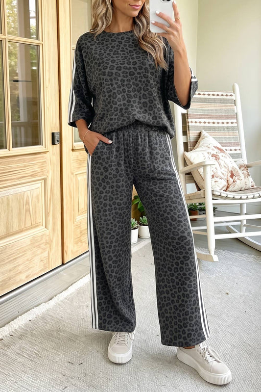 66 Leopard Print Varsity Striped Top Pant 2pcs Set (S-XL): Gray / L