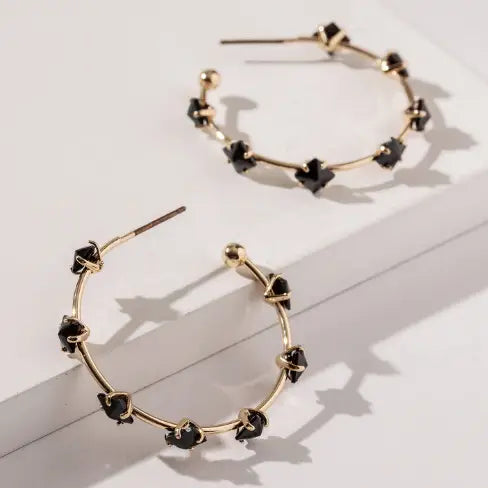 Color Cubic Zirconia Stone Station Hoop Post Earrings- Black
