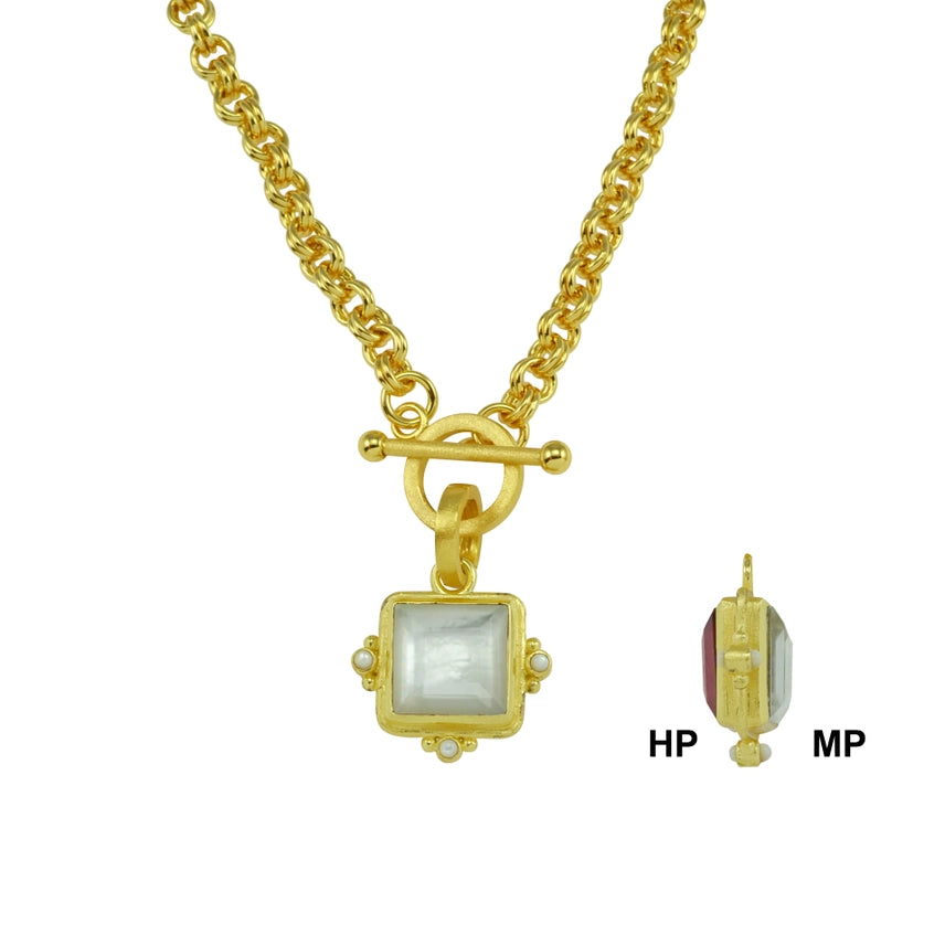 Victoria Square Double Sided Pendant Necklace- Pink & Pearl 