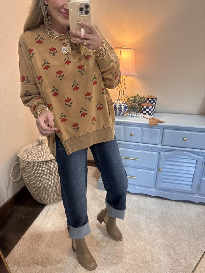 Tan Flower Print Split Hem Pullover Top