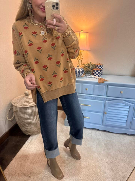 Tan Flower Print Split Hem Pullover Top