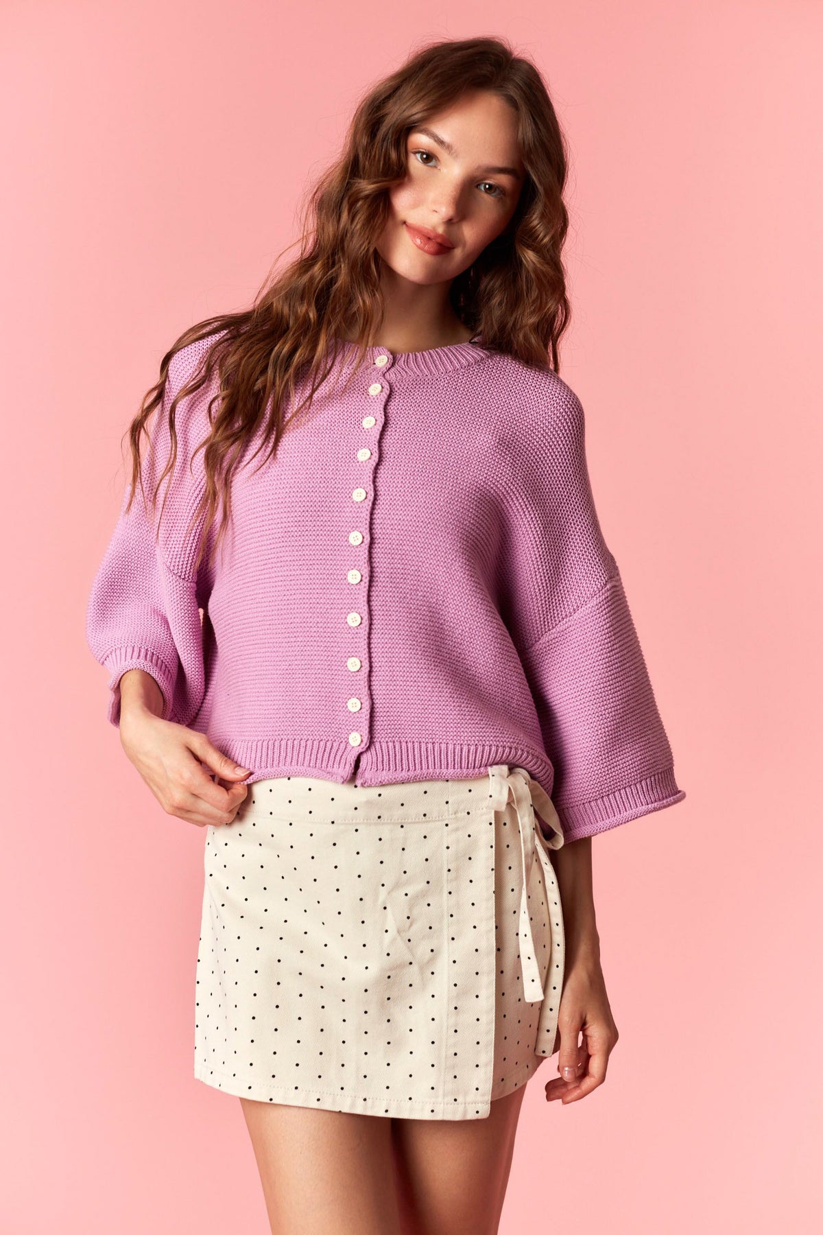 F368 Orchid Thin Striped Curly Edge Half Sleeve Oversized Sweater Cardigan