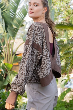 Iron Blue Animal Print Terry Open Back Long Sleeve Top