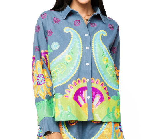 Queen of Sparkles Denim & Neon Paisley Print Button Up Long Sleeve Top