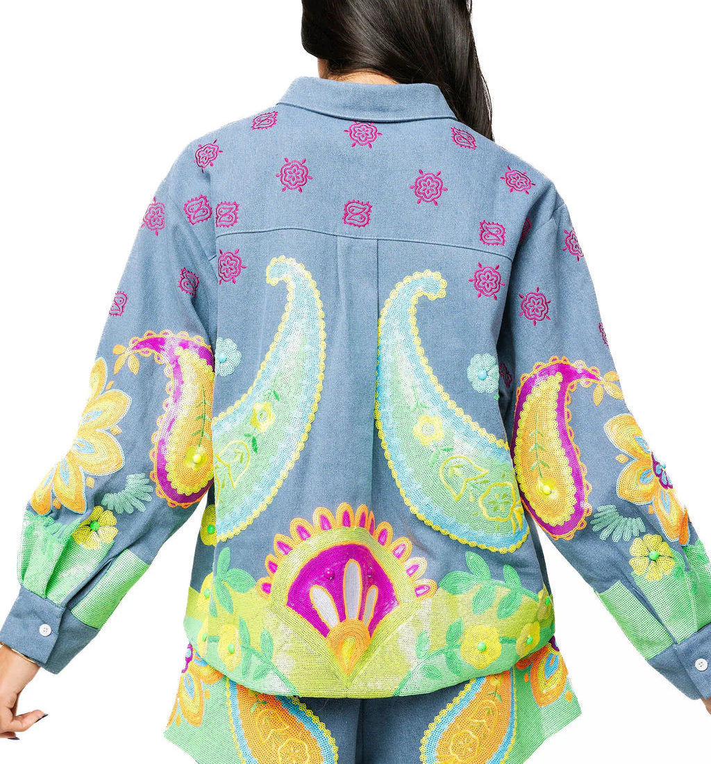 Queen of Sparkles Denim & Neon Paisley Print Button Up Long Sleeve Top