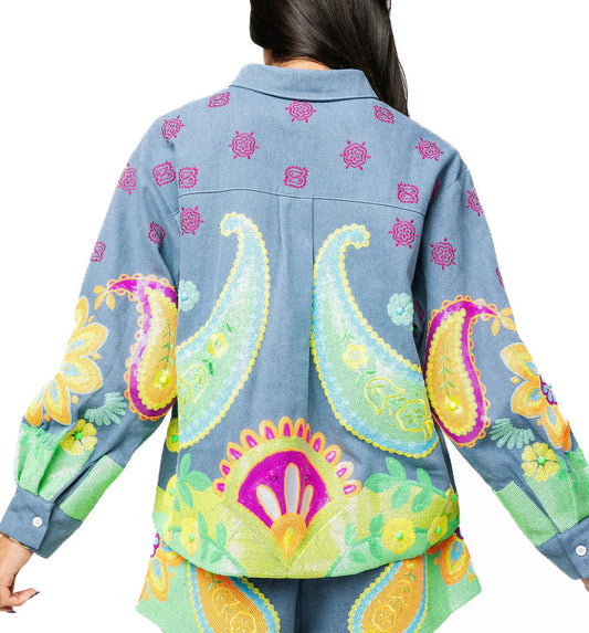 Queen of Sparkles Denim & Neon Paisley Print Button Up Long Sleeve Top