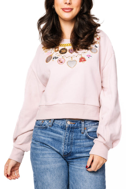 Queen of Sparkles Pink Pearl & Chain V-Day Charm Necklace Sweatshirt