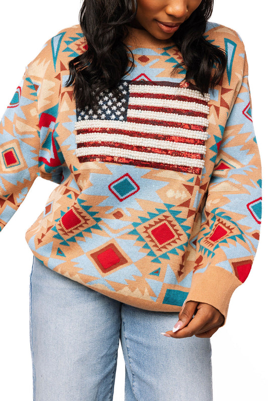 Queen of Sparkles USA Flag Aztec Print Knit Cardigan