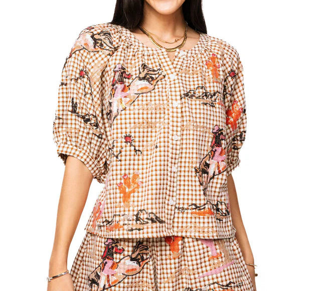 Queen of Sparkles Brown Gingham Bucking Cowgirl Button Up Cotton Top