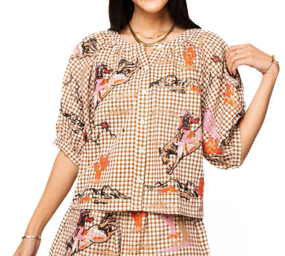 Queen of Sparkles Brown Gingham Bucking Cowgirl Button Up Cotton Top