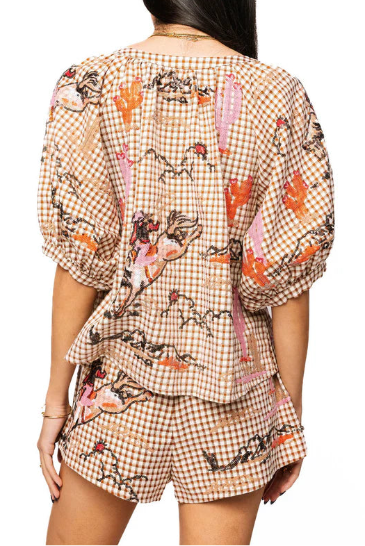Queen of Sparkles Brown Gingham Bucking Cowgirl Button Up Cotton Top