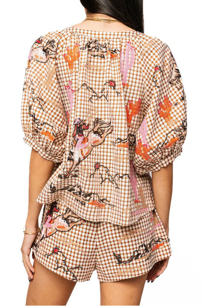 Queen of Sparkles Brown Gingham Bucking Cowgirl Button Up Cotton Top