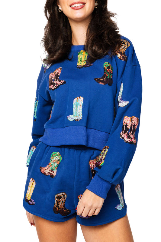 Queen of Sparkles Royal Blue Multi Cowboy Boot Sweatshirt