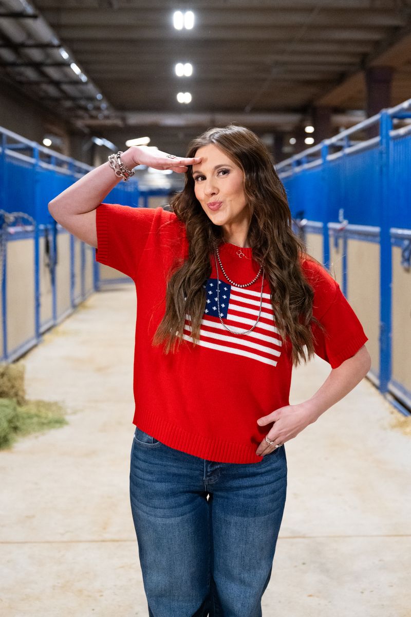 Heather Welper Collection Red America Flag Knit Top