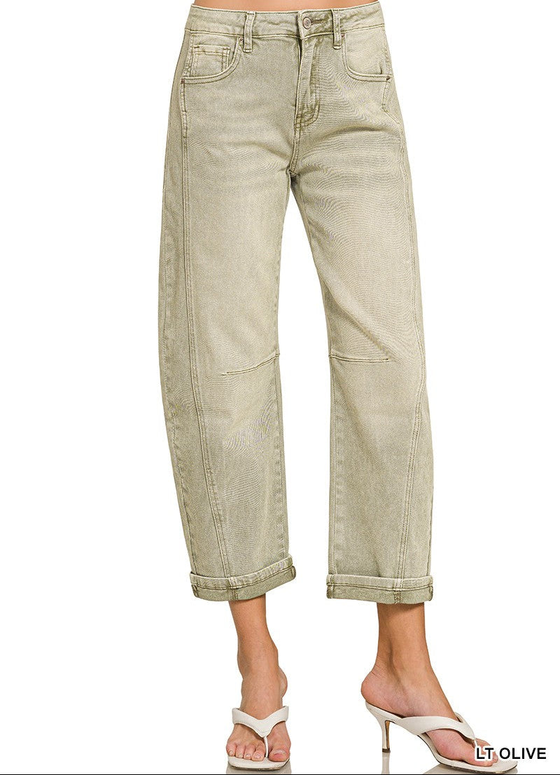 Light Olive Barrel- Leg Cropped Color Denim Pants