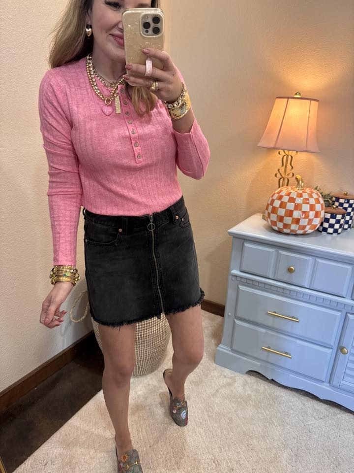 Fuchsia Ribbed Long Sleeve Button Down Top