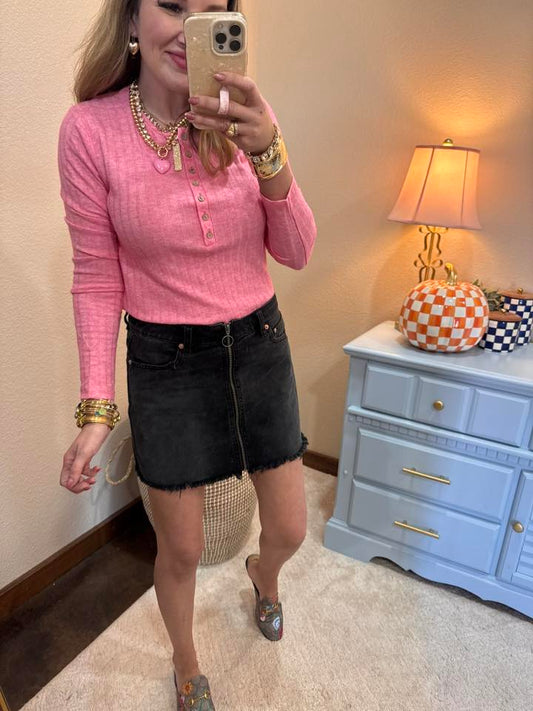 Fuchsia Ribbed Long Sleeve Button Down Top