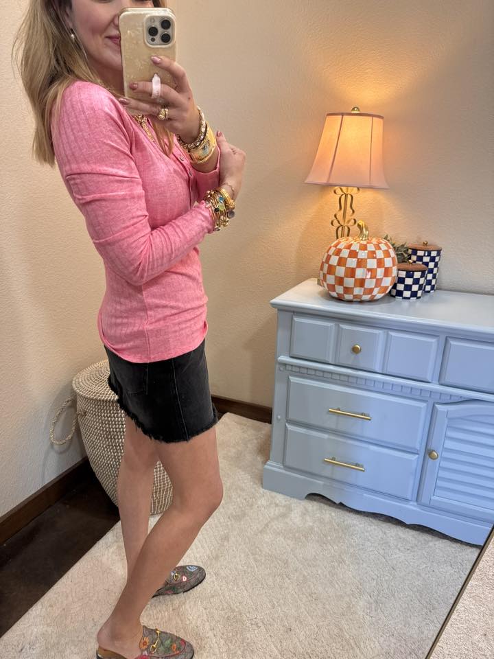 Fuchsia Ribbed Long Sleeve Button Down Top