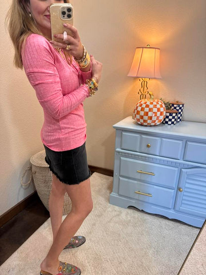 Fuchsia Ribbed Long Sleeve Button Down Top