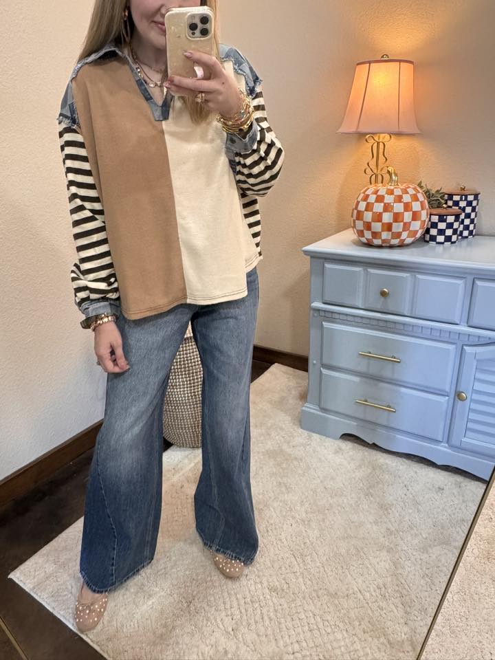 Oatmeal Cut Edge Checker Denim Waffle Mix And Match Top