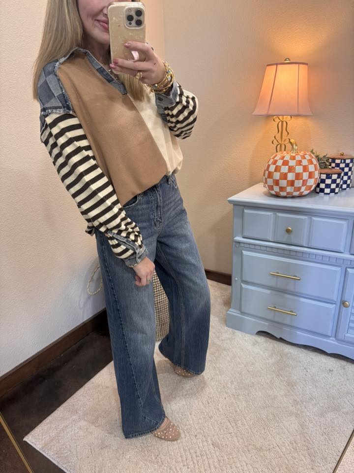 Oatmeal Cut Edge Checker Denim Waffle Mix And Match Top
