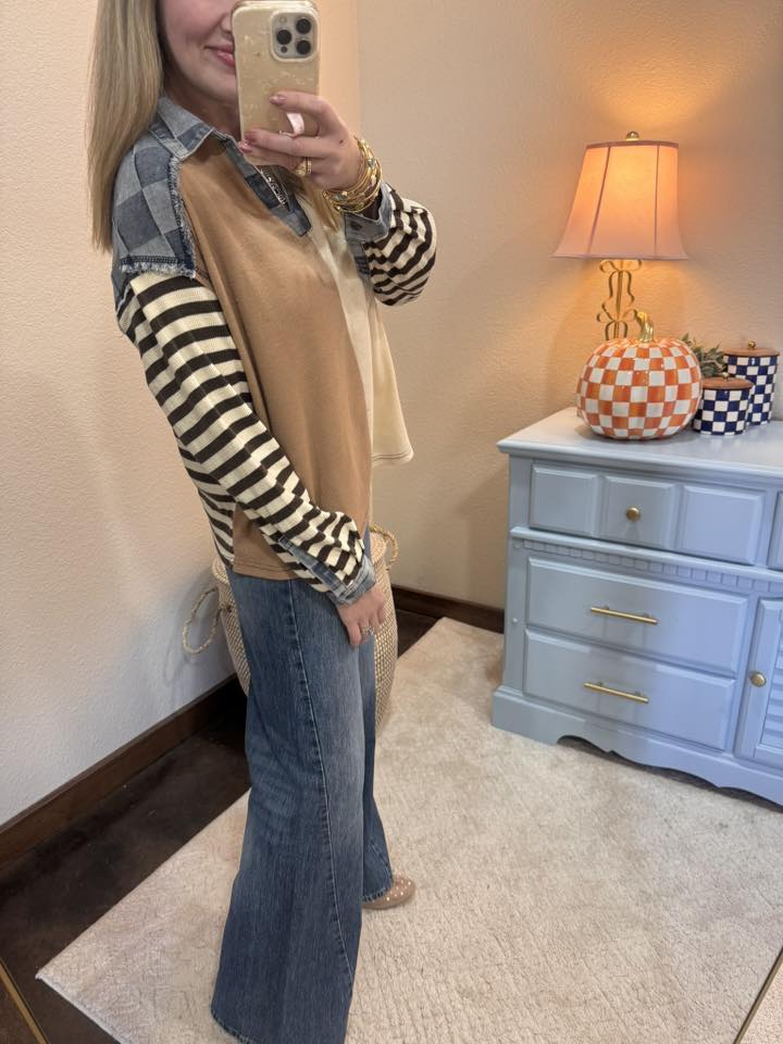Oatmeal Cut Edge Checker Denim Waffle Mix And Match Top