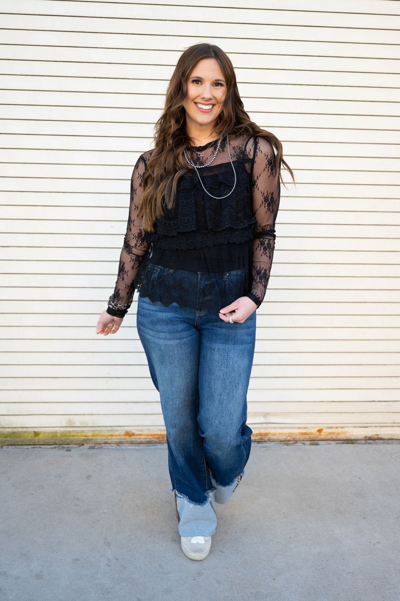 Heather Welper Collection Black Tiered Lace Long Sleeve Top