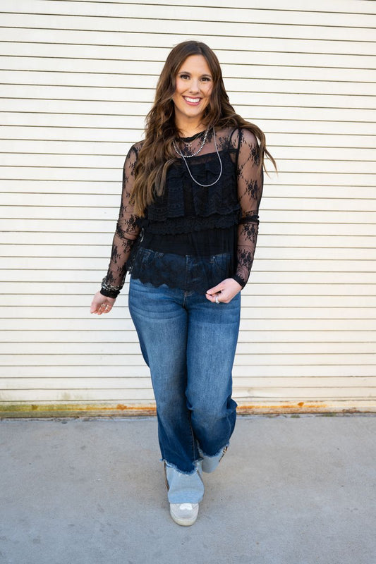 Heather Welper Collection Black Tiered Lace Long Sleeve Top