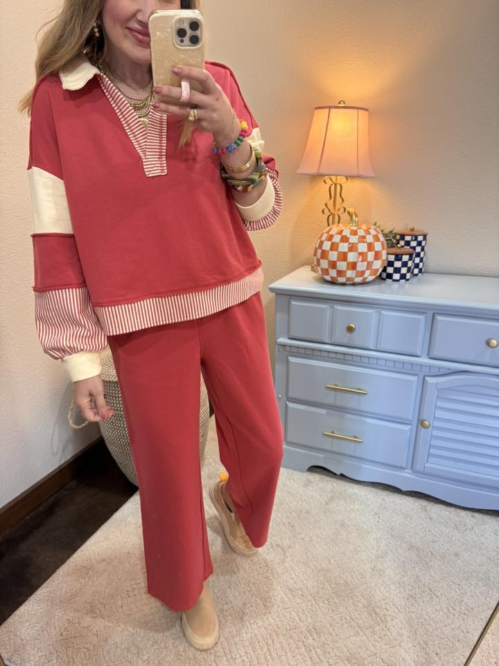 Brick Color Block Casual Knit Top & Pant Set