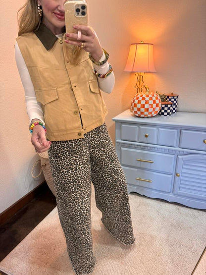 Taupe Washed Cotton Button Down Casual Vest