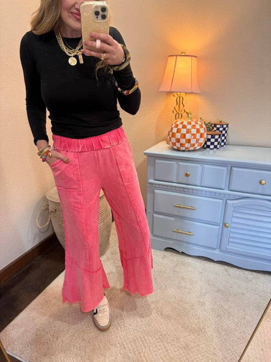 Fuchsia Exposed-seam Flare Hem Pants With Pockets