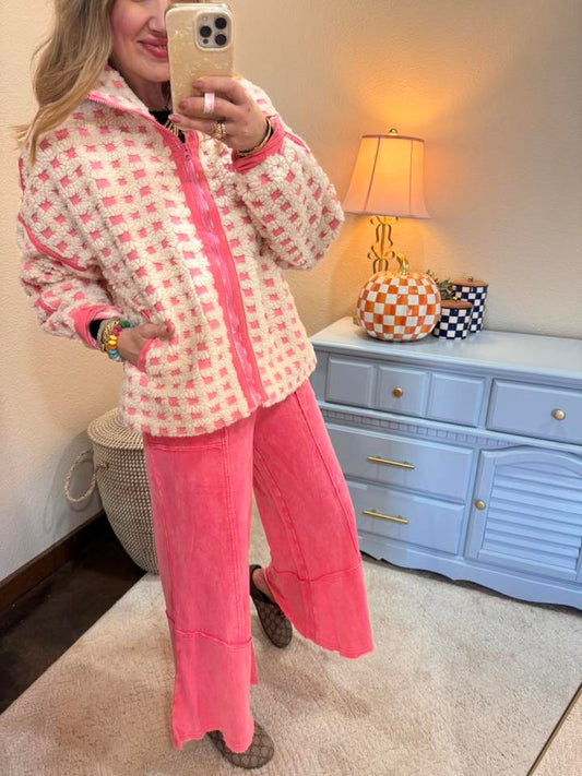 Cream & Pink Over-sized Checker Fleece Jacket