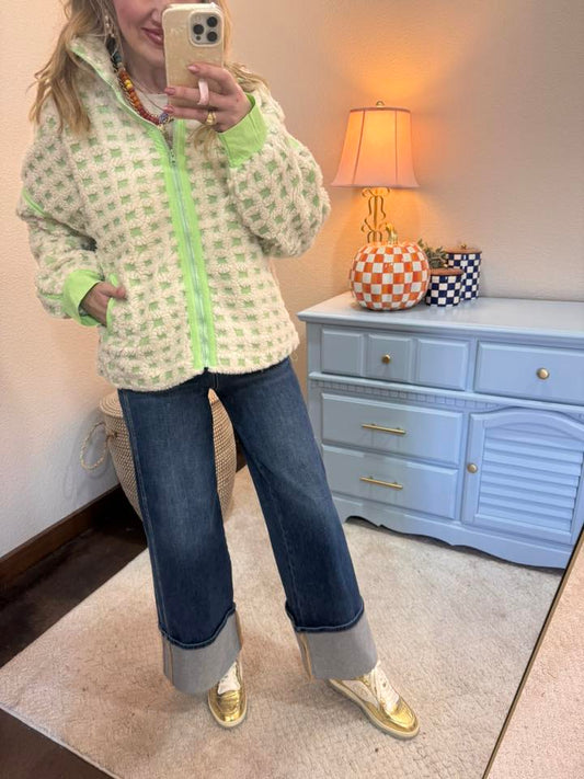 Cream & Green Over-sized Checker Fleece Jacket