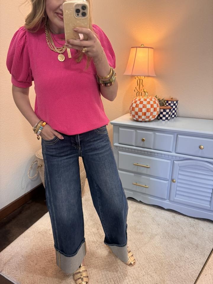 Risen Dark Mid Rise Wide Leg Cuffed Jeans With Double Front Pocket Detail