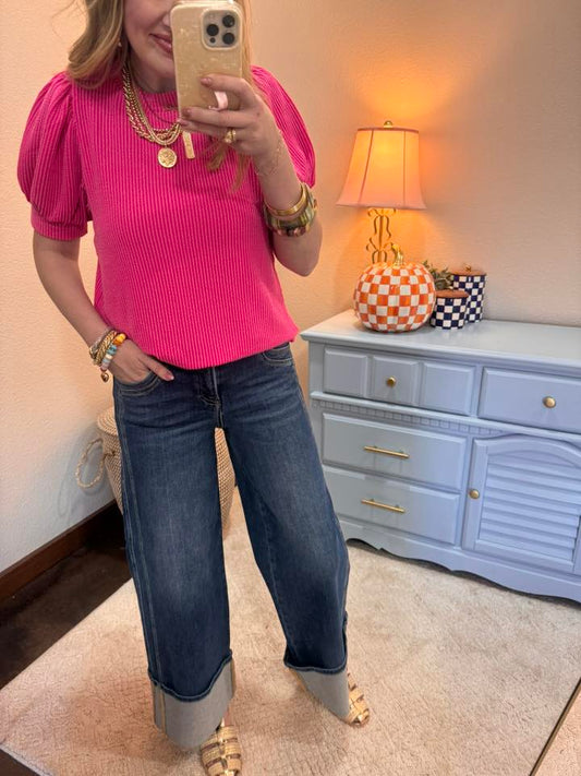 Risen Dark Mid Rise Wide Leg Cuffed Jeans With Double Front Pocket Detail