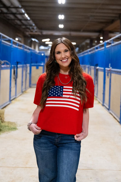 Heather Welper Collection Red America Flag Knit Top