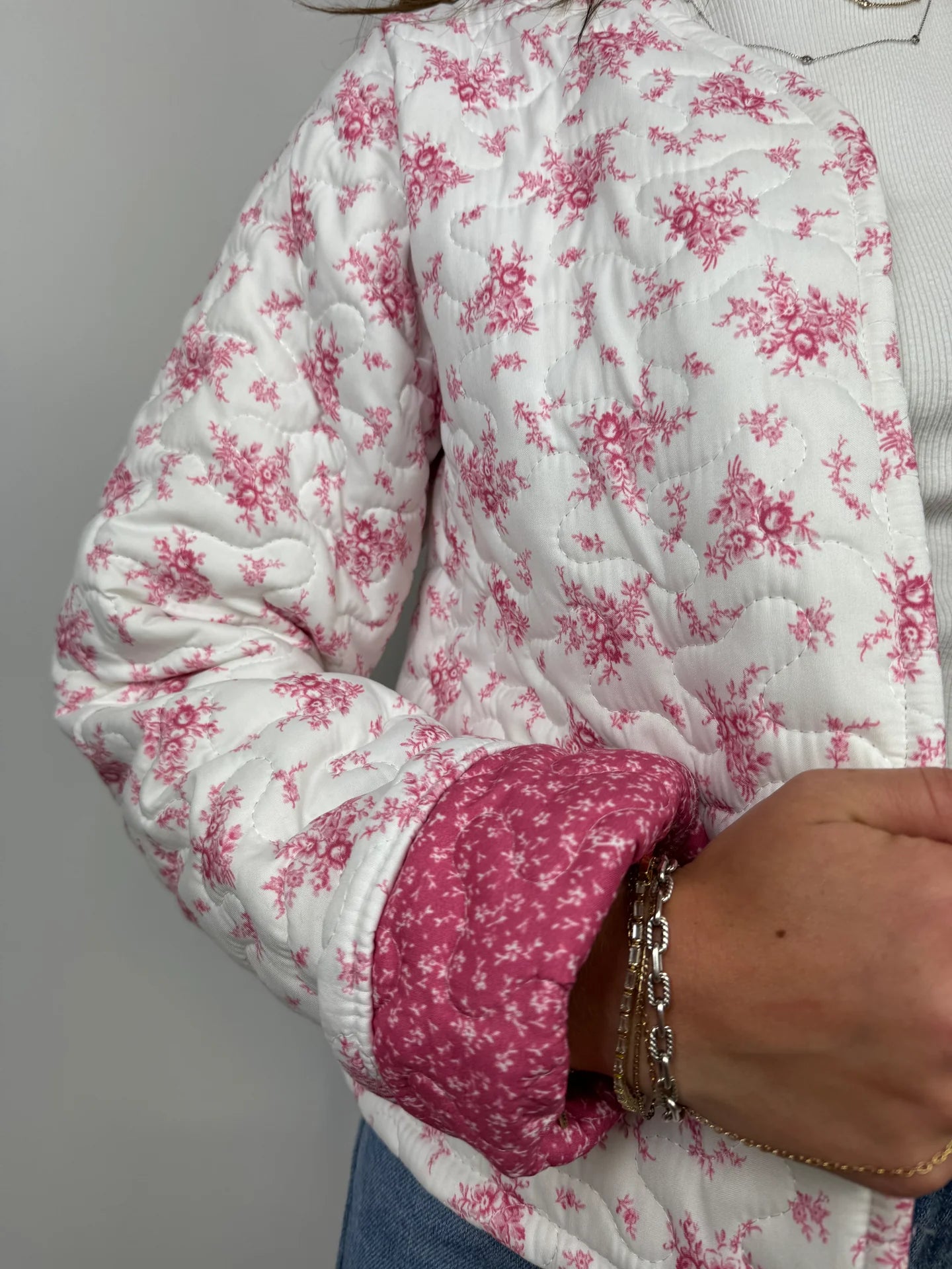 Ida Mae Picnic Floral Fuchsia Cropped Quilted Jacket
