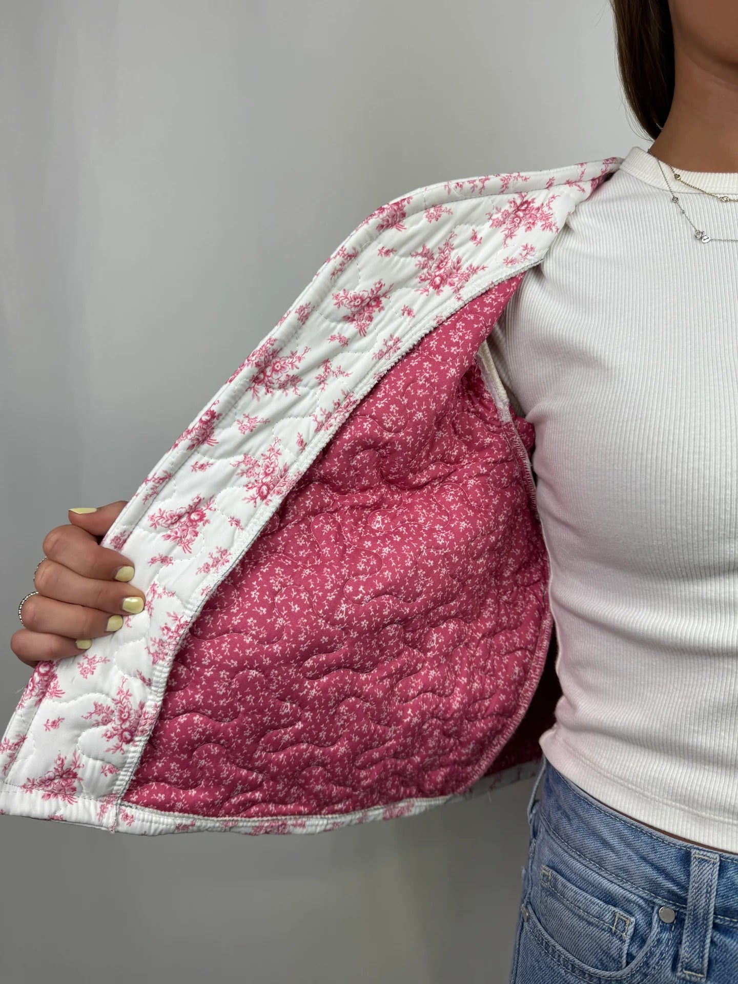 Ida Mae Picnic Floral Fuchsia Cropped Quilted Jacket