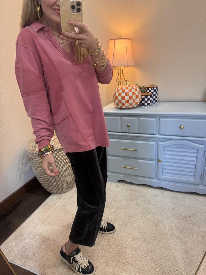 Mauve Mineral Washed French Terry Knit Top