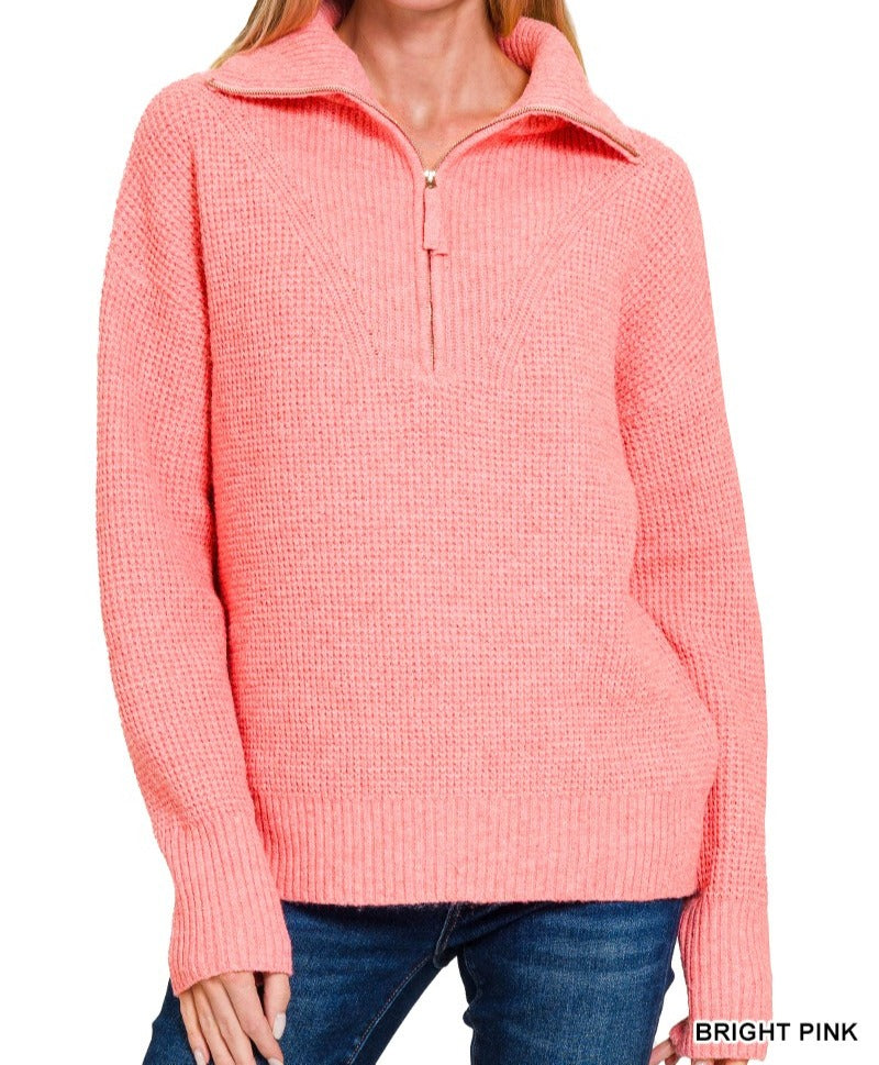 Bright Pink Half Zip High Collared Pullover Sweater